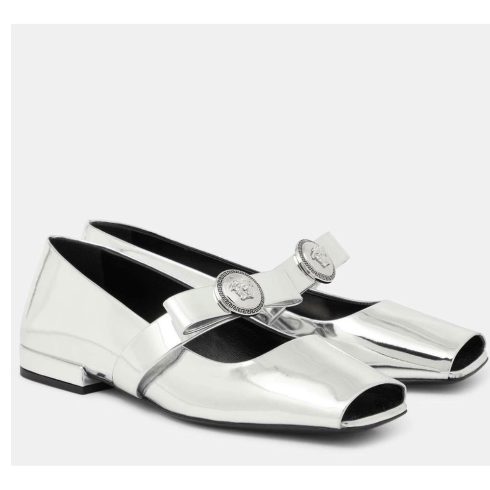Versace Silver Mirrored Medusa Bow Square Toe Ballet Flats Size 40